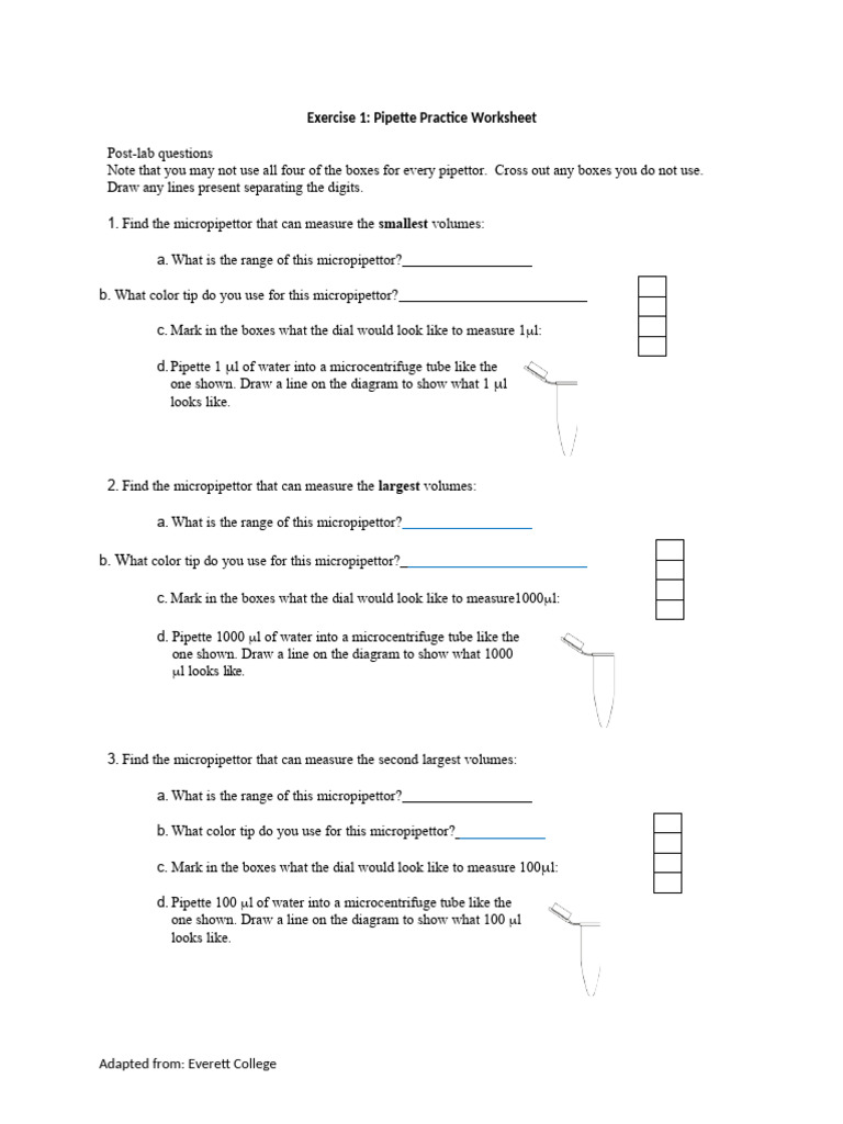 Exercise 1 Micropipetting Worksheet PDF Laboratories Laboratory