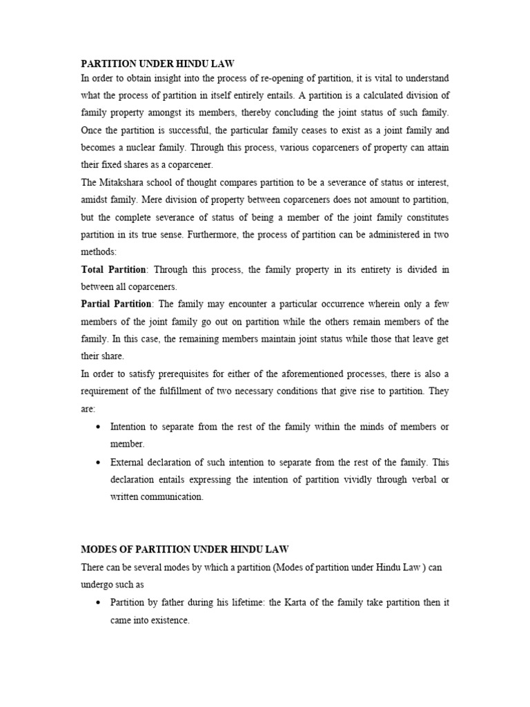 Partition Under Hindu Law PDF Partition Of India Property