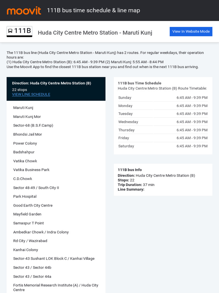 Huda City Centre Metro Station Maruti Kunj 111B Bus Time Schedule