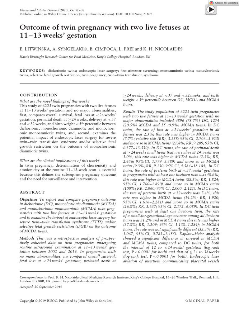 Ultrasound In Obstet Gyne 2019 Litwinska Outcome Of Twin