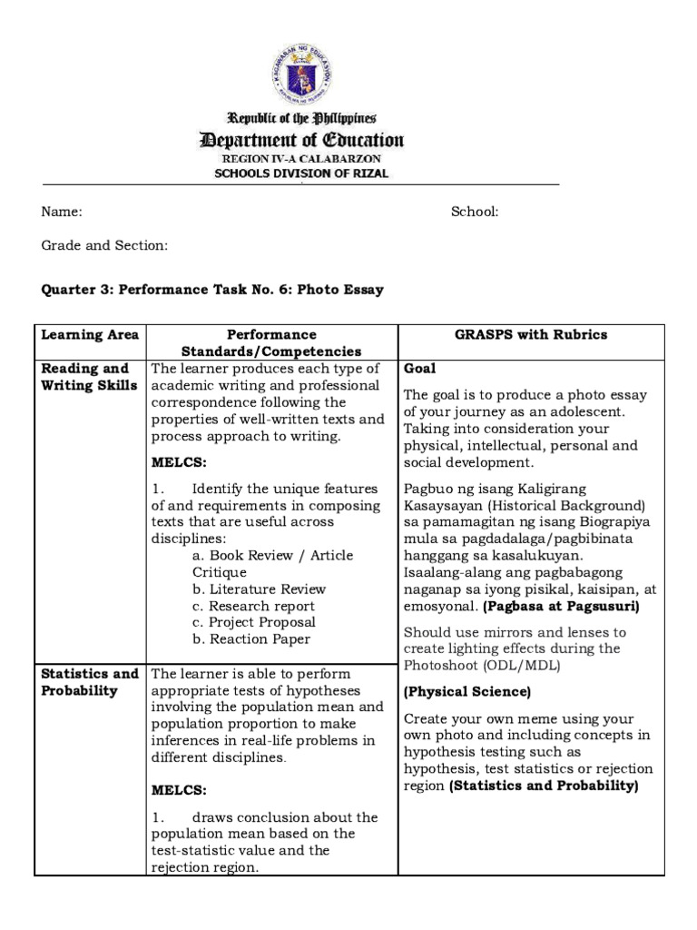 Photo Essay Performance Task Guide | PDF | Statistics | Statistical ...