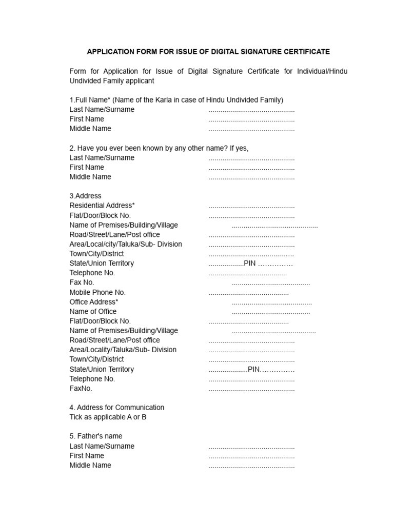 Digital Signature Certificate Application Form | PDF | Personal ...