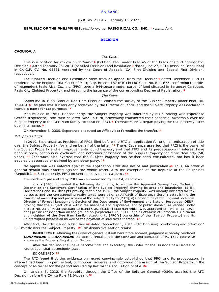 G r no 213207 republic v pasig rizal co inc pdf property