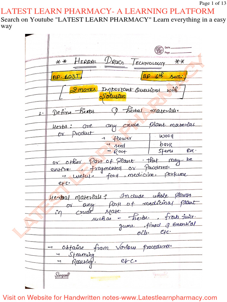 2 Marks Important Questions With Solution Herbal Drug Technology B