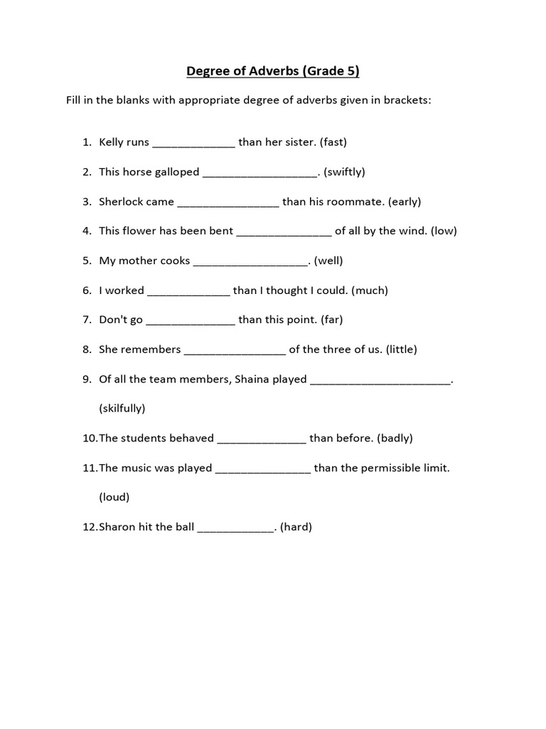 Adverbs of Degree Worksheet for Grade 5 | PDF | Language Arts ...