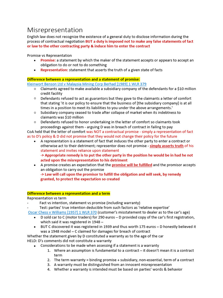 Misrepresentation - CONTRACT | PDF | Misrepresentation | Damages