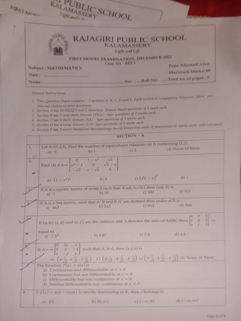 Mathematics Model Exam Answer Key | PDF