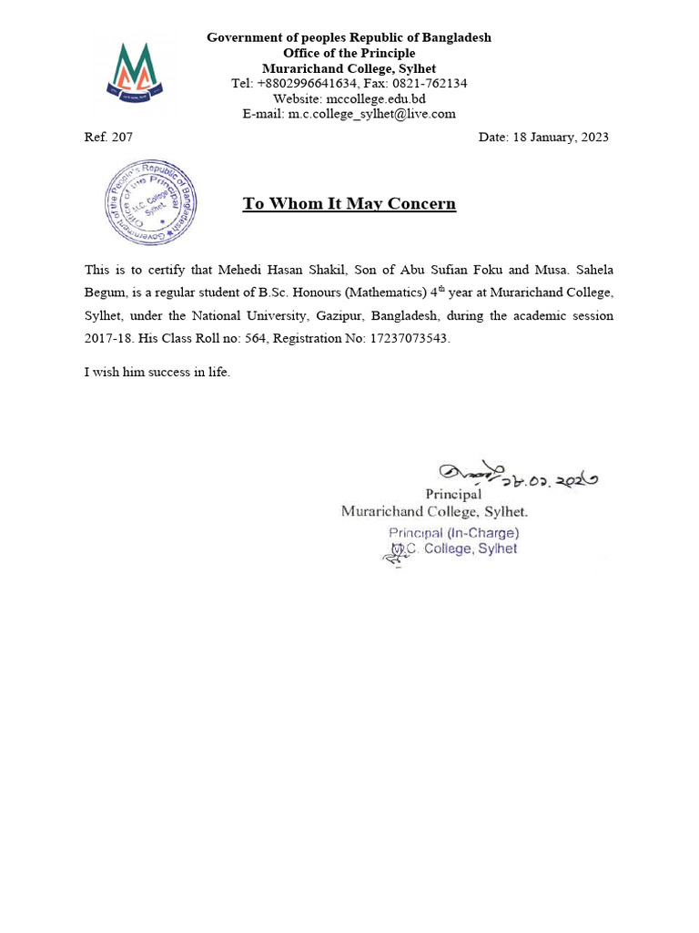 MC College Student Certification Letter | PDF