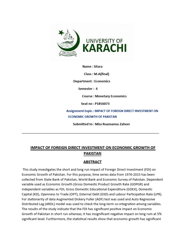 Impact of Foreign Direct Investment On Economic Growth of Pakistan ...
