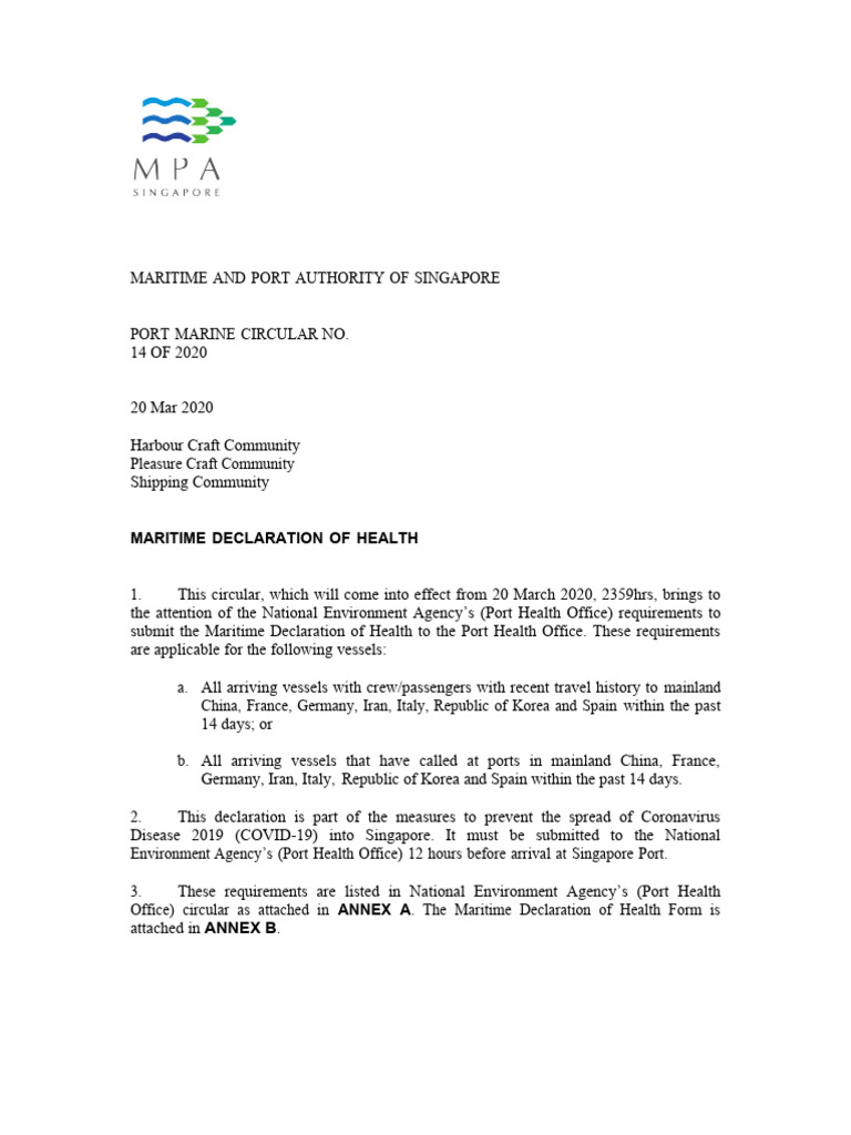 Port Circular Maritime Declaration of Health PC20 014 PDF Personal