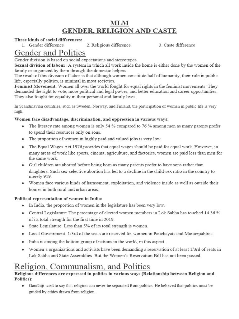 MLM - Gender, Religion and Caste | PDF | Woman | Caste