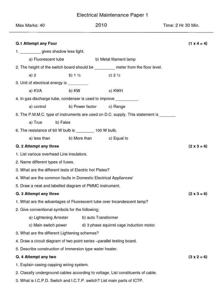 Electrical Maintenance Exam Questions | PDF | Electrical Wiring ...
