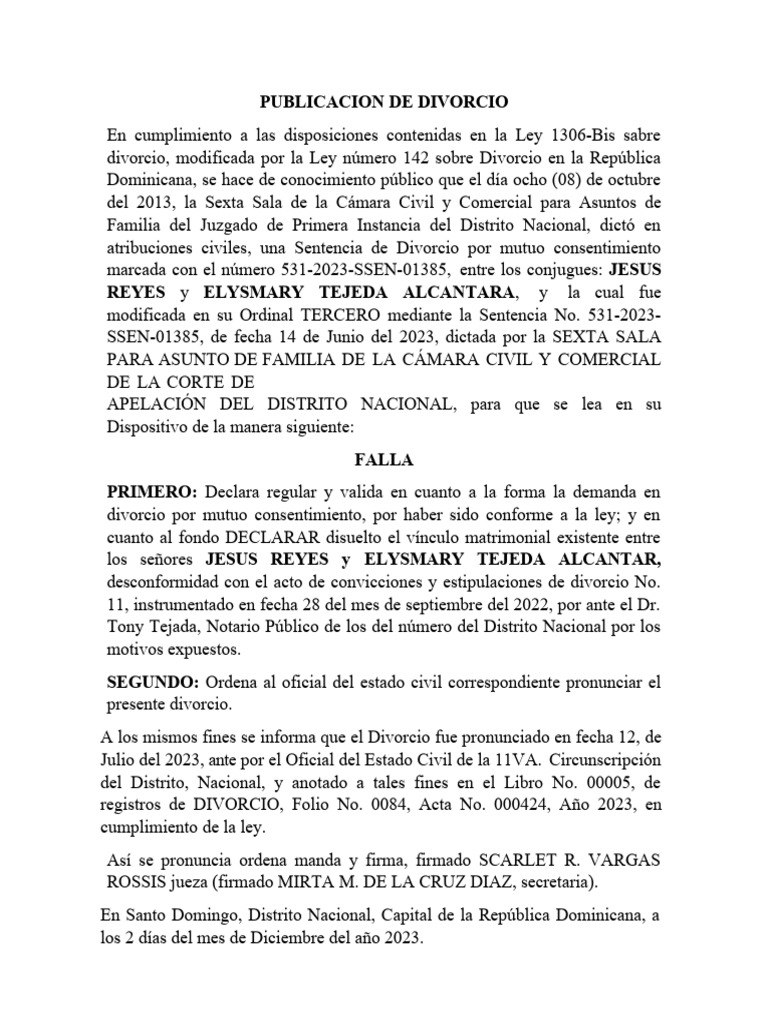 Publicación de Divorcio en RD | PDF