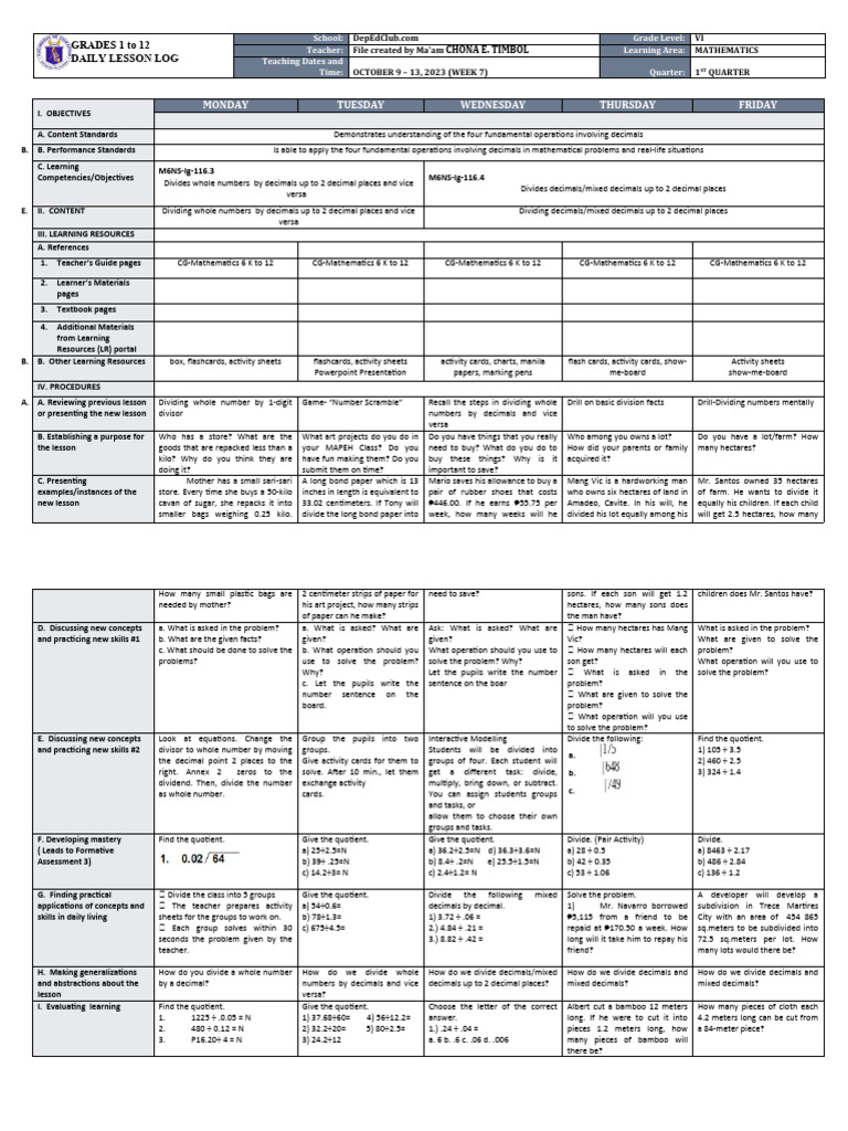 Grade 6 Math Daily Lesson Plan | PDF | Division (Mathematics) | Flashcard