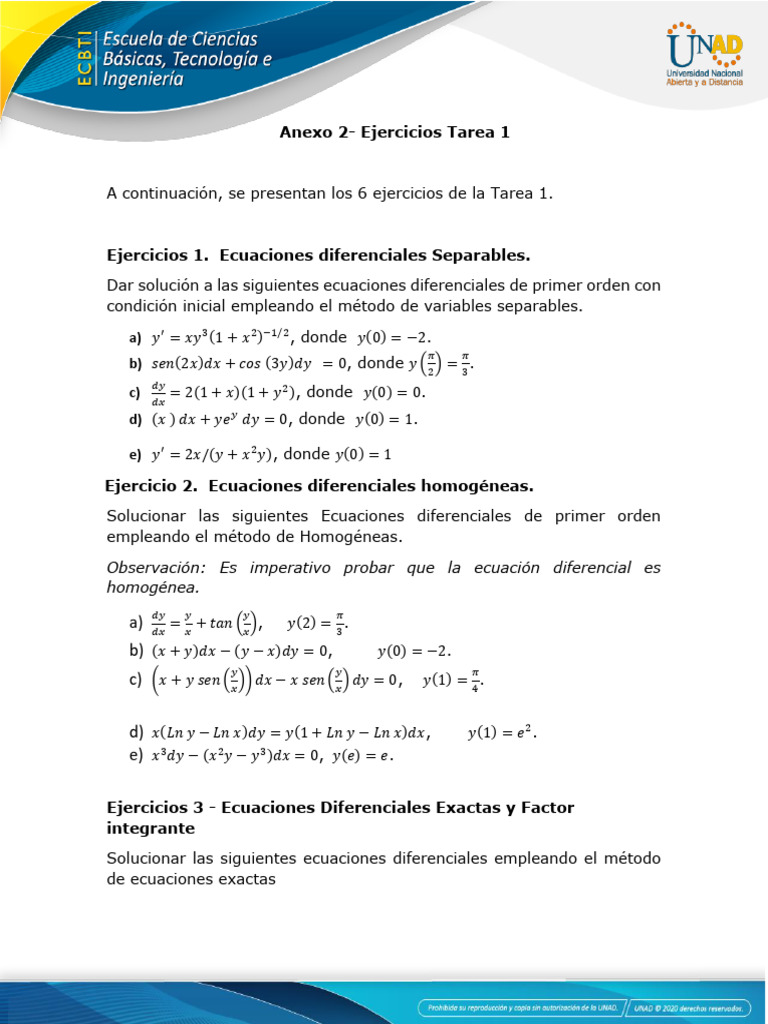 Anexo 2 - Ejercicios Tarea 1 | PDF | Ecuaciones | Ecuaciones diferenciales