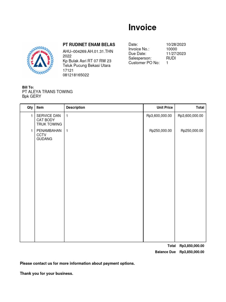 Invoice for Towing Services in Bekasi | PDF