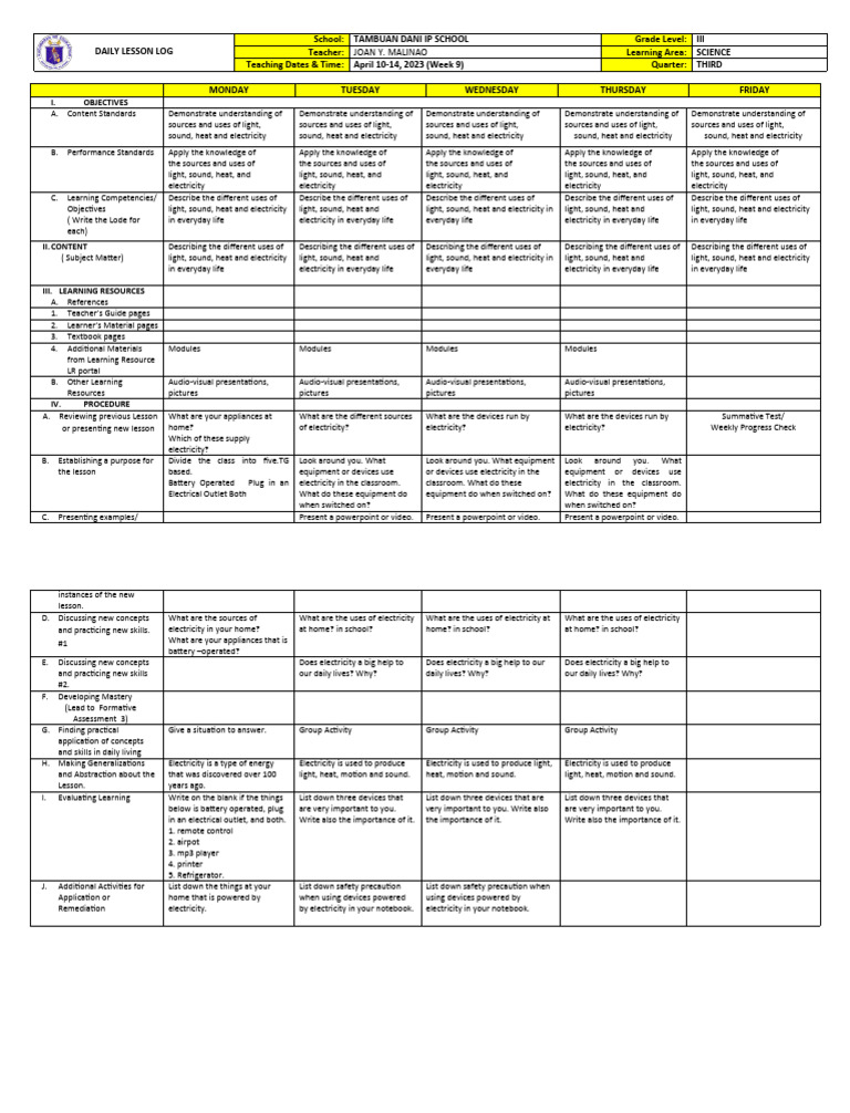 Grade 3 Science Lesson Plan: Energy Uses | PDF | Electricity | Learning