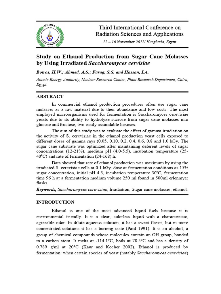 Ethanol Production from Sugar Cane Molasses | PDF | Sucrose | Molasses