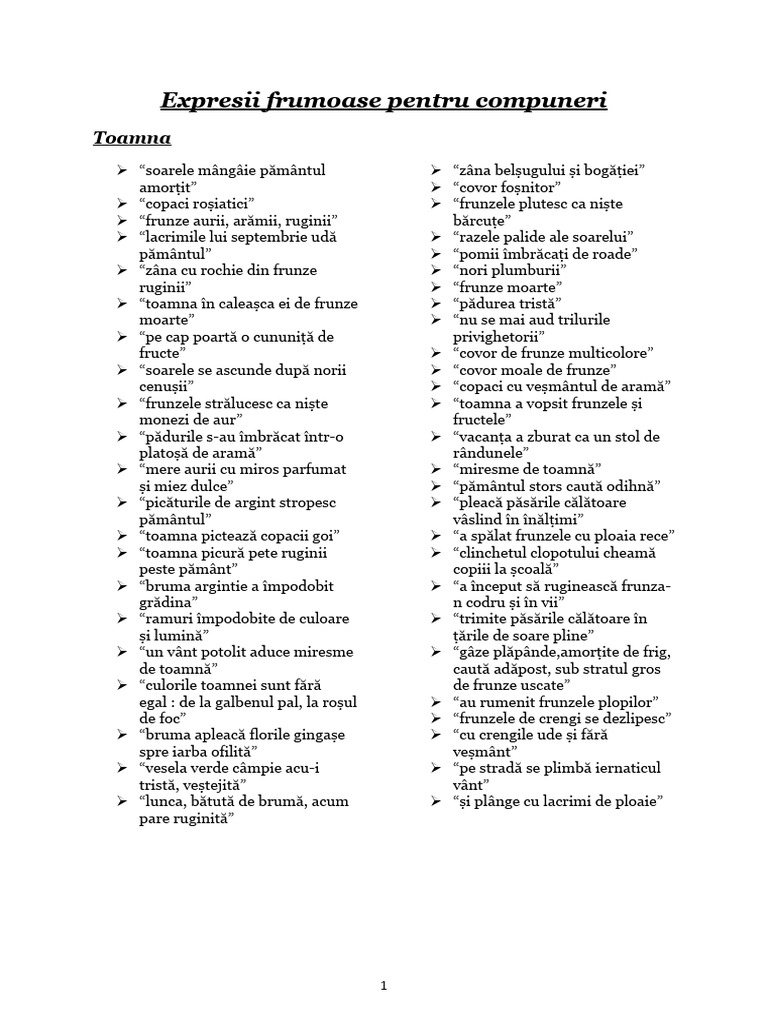 Expresii Frumoase Pentru Compuneri | PDF