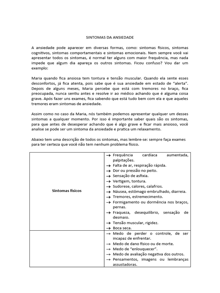Sintomas Comuns da Ansiedade | PDF | Ansiedade | Doenças e distúrbios