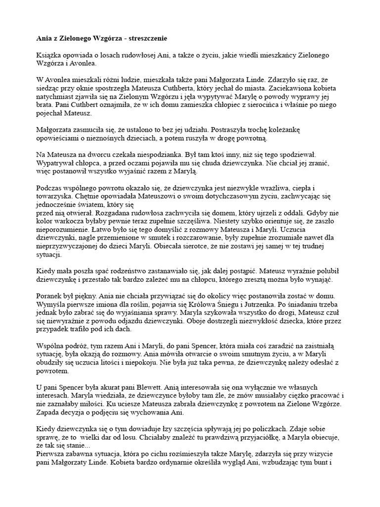 Ania Z Zielonego Wzgórza Streszczenie Ania Z Zielonego Wzgórza - Streszczenie | PDF