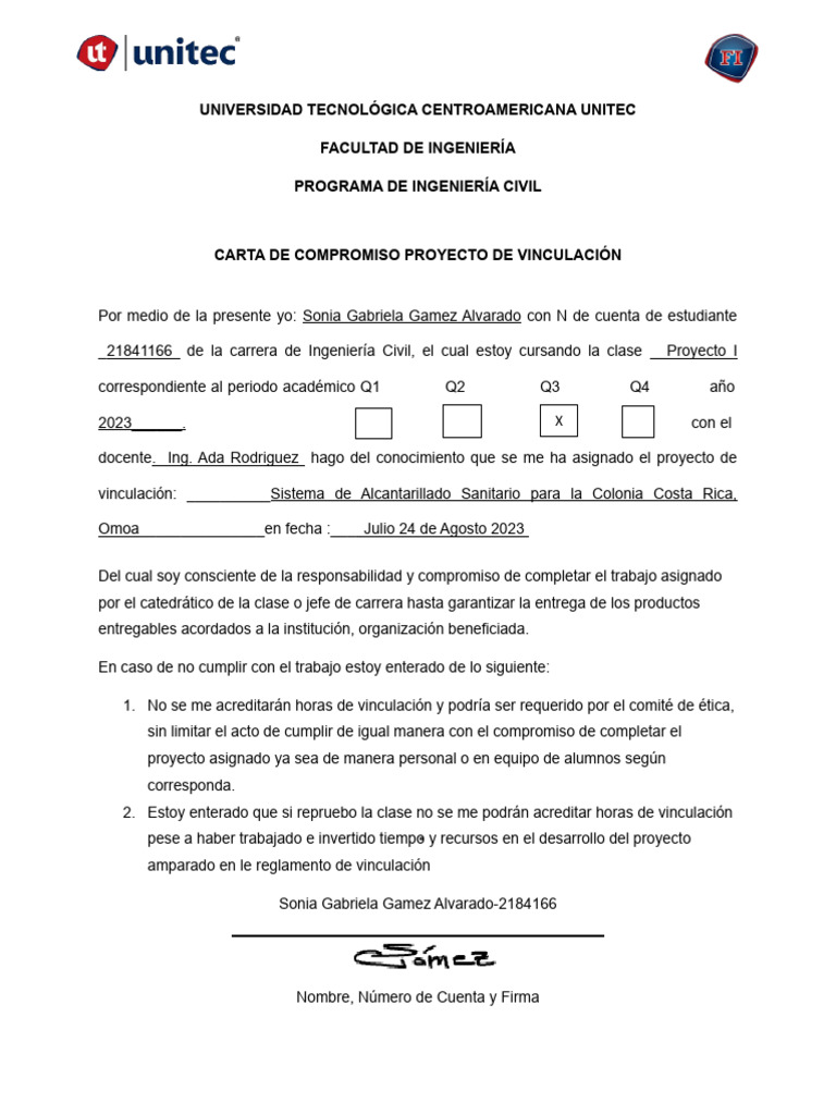 Carta de Compromiso Proyecto de Vinculacion | PDF