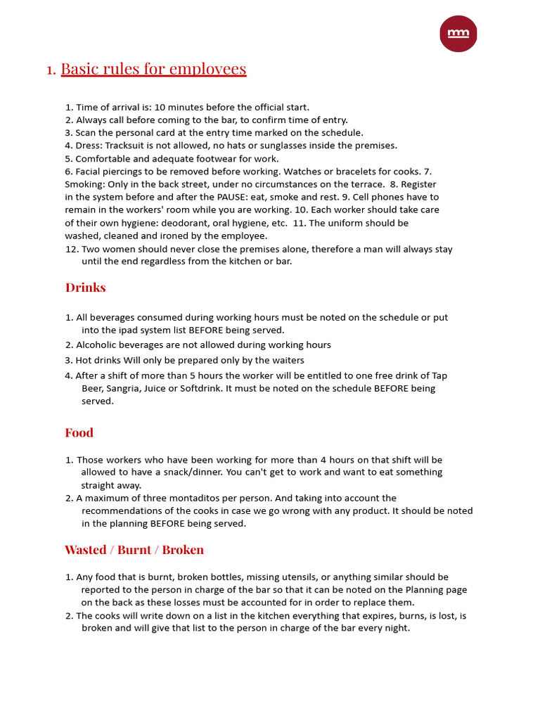 Basic Rules For Employees | PDF | Drink | Hygiene