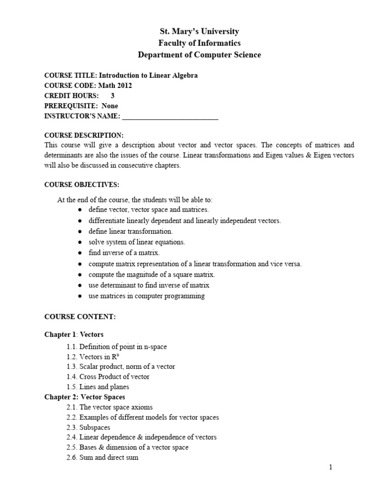 St mary course outline introduction to linear algebra pdf matrix