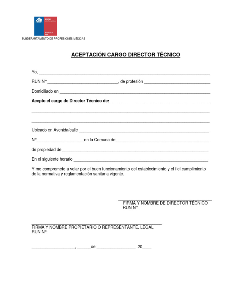 Formato Tipo Aceptacion Cargo Del Director Tecnico Version 2021 ...