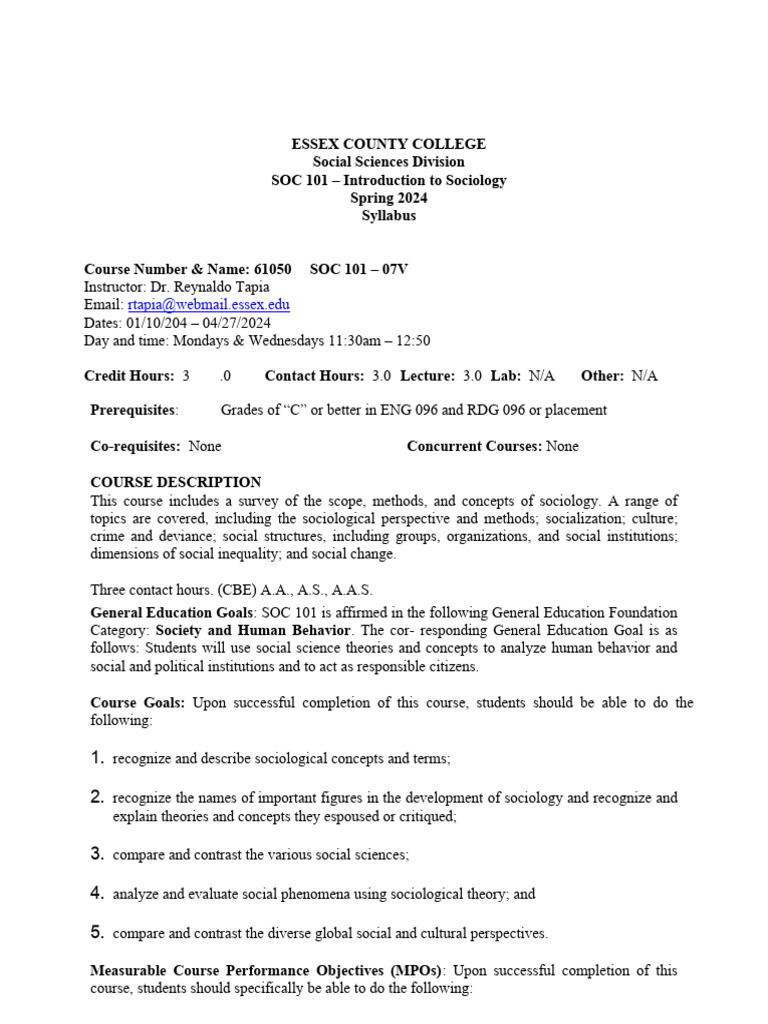 SOC 101 Syllabus - Spring 2024 | PDF | Sociology | Academic Dishonesty