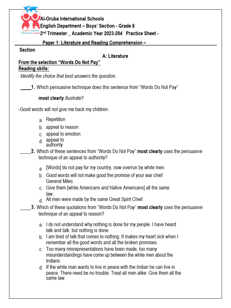 G8 - 2nd Term Final Practice Sheet English Paper 1 - Q | PDF ...