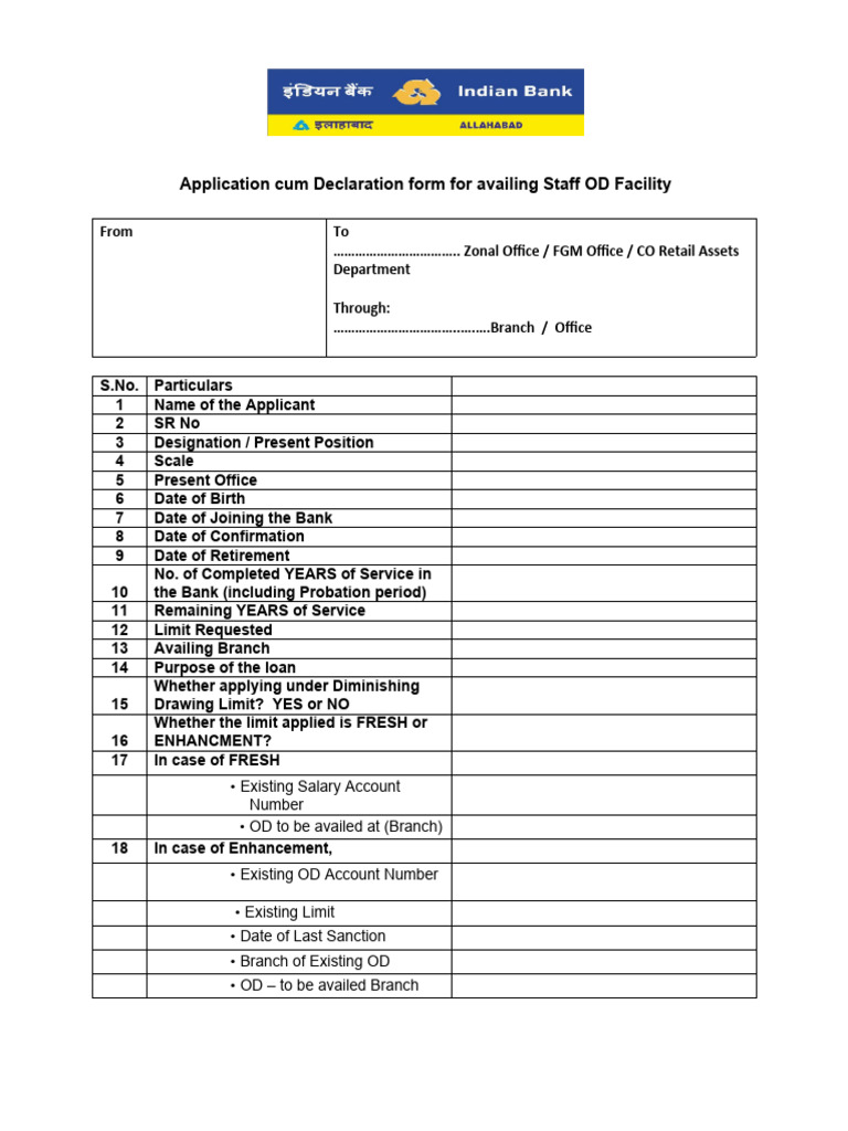 Staff Overdraft Application Form | PDF | Overdraft | Banks