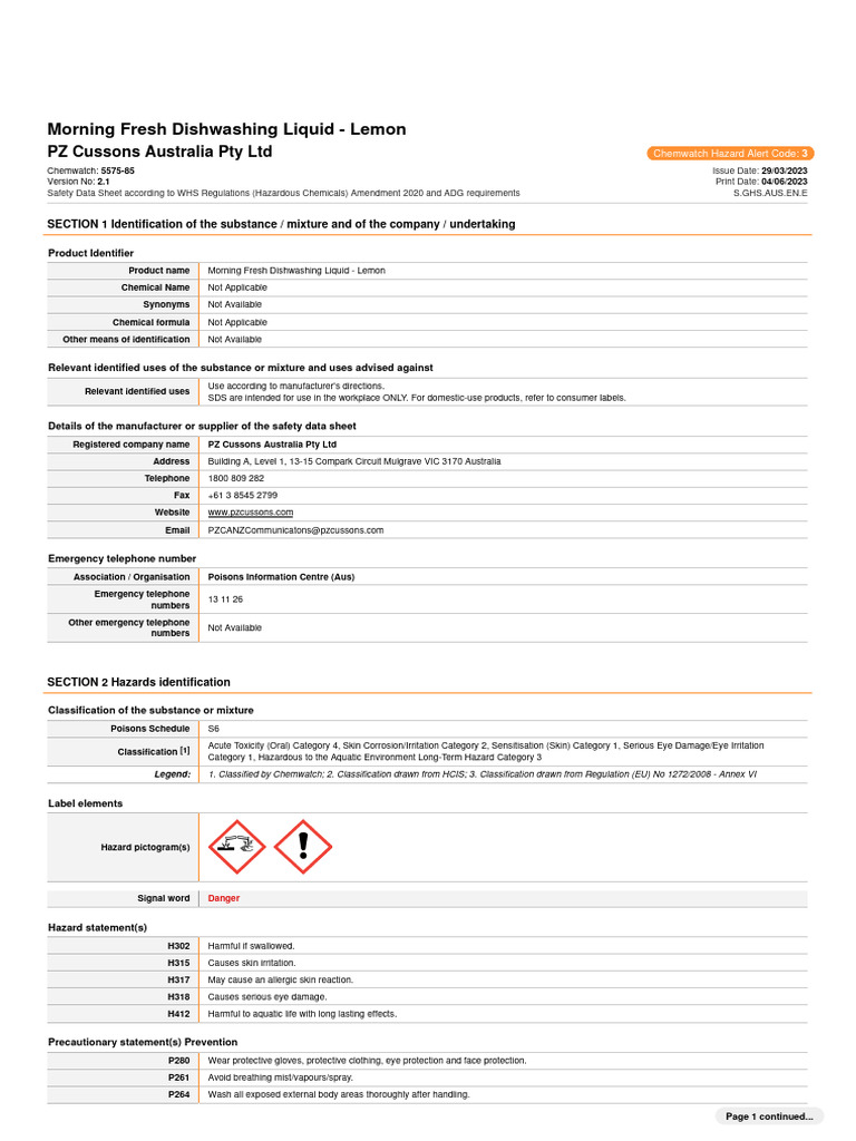 Morning Fresh Dishwashing Liquid Lemon SDS PDF Toxicity