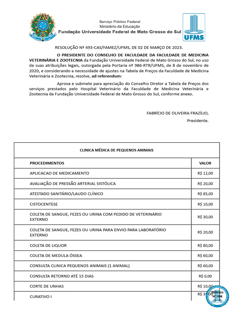 Tabela de Preços Hospital Veterinário UFMS | PDF | Medicina Veterinária ...