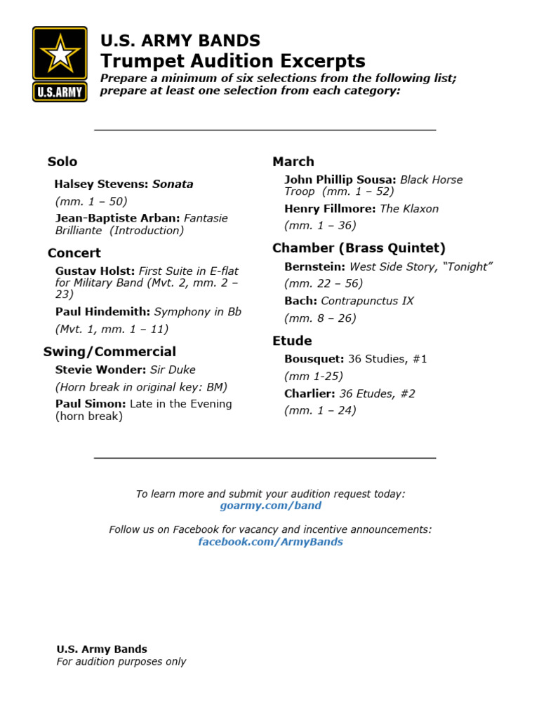 9B Trumpet Audition Excerpts Army Bands PDF Classical Music