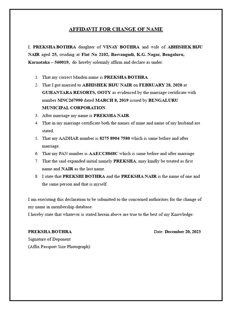 Affidavit For Change of Name | PDF