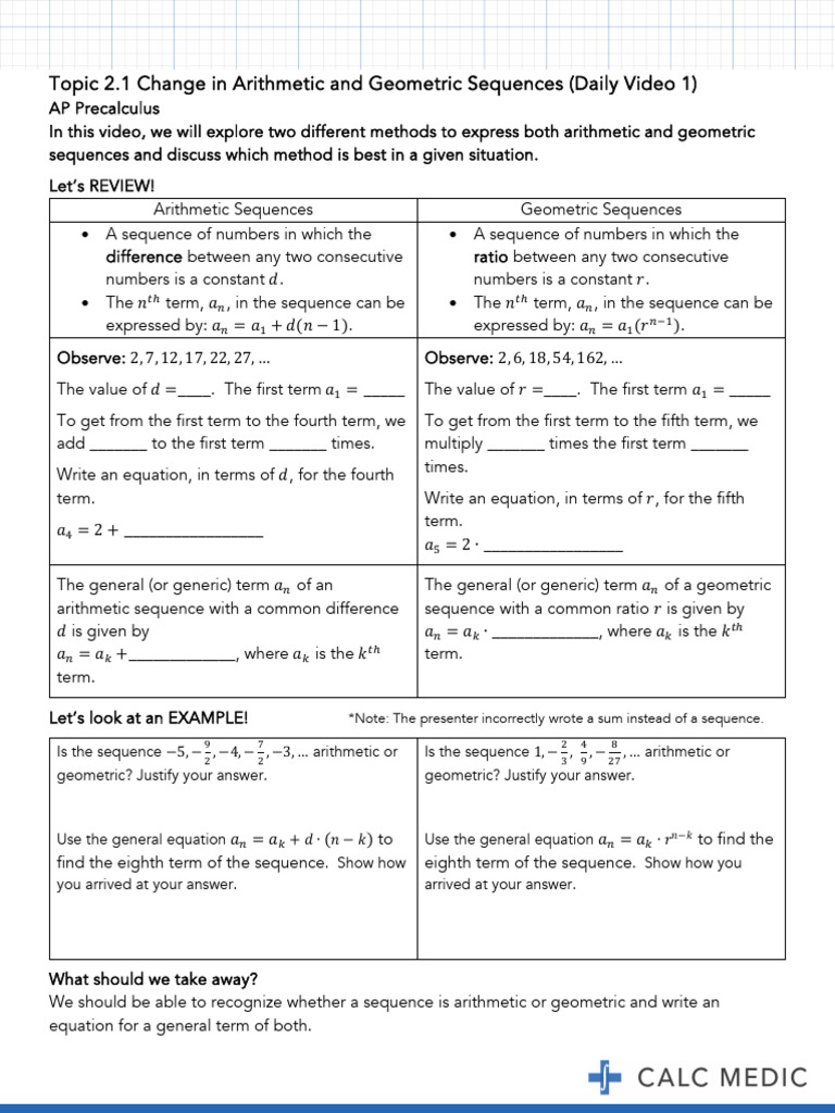 Calc Medic Unit 4 Guided Notes AP Daily Videos - AP Precalculus 