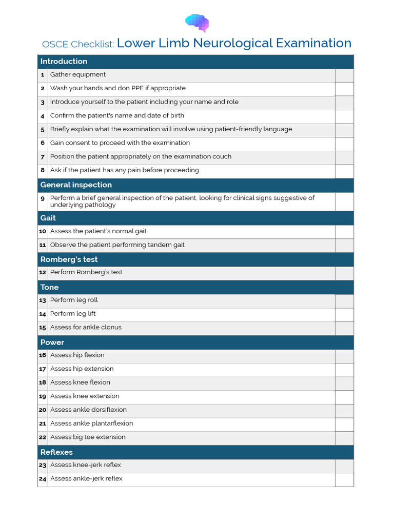 OSCE Checklist Lower Limb Neurological Examination | PDF