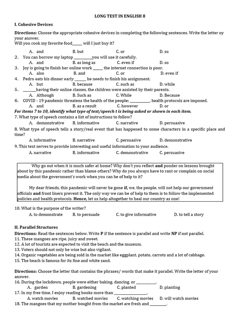 Long Test in English 8 Q4 | PDF | Smoking | Cigarette