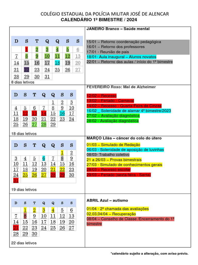 Calendário do 1º Bimestre 2024 | PDF
