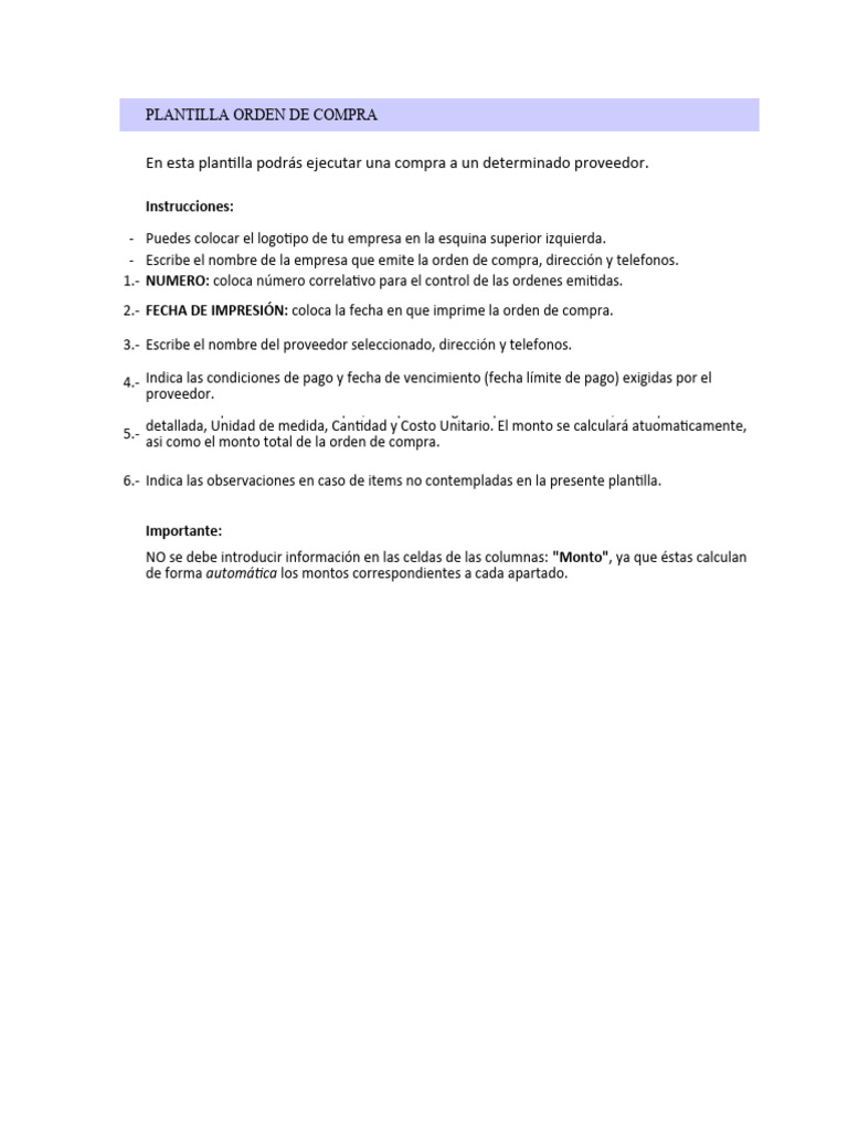 Plantilla de Orden de Compra Editable | PDF | Informática