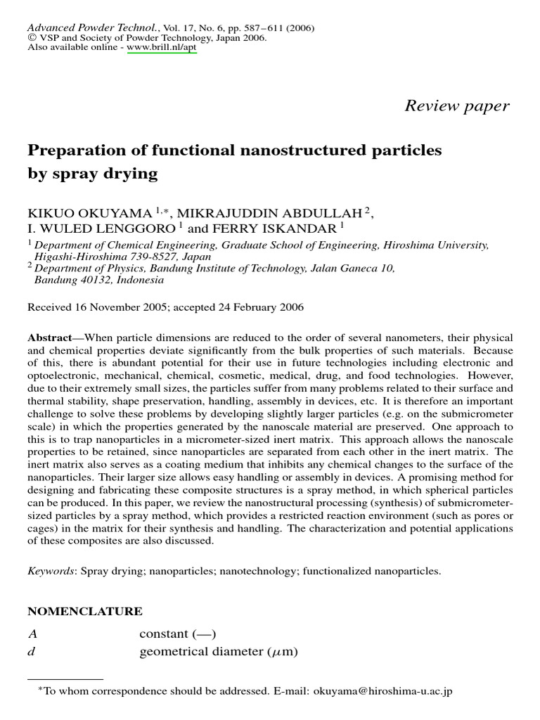 Spray Drying for Functional Nanoparticles | PDF | Nanoparticle ...