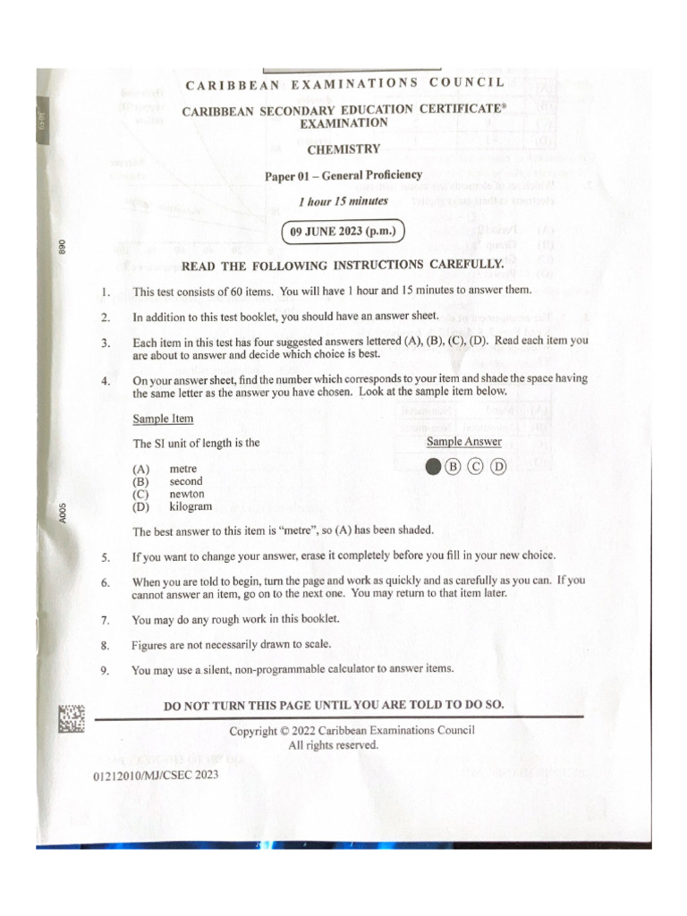 Csec Chemistry P1 Mj 2023 Pdf