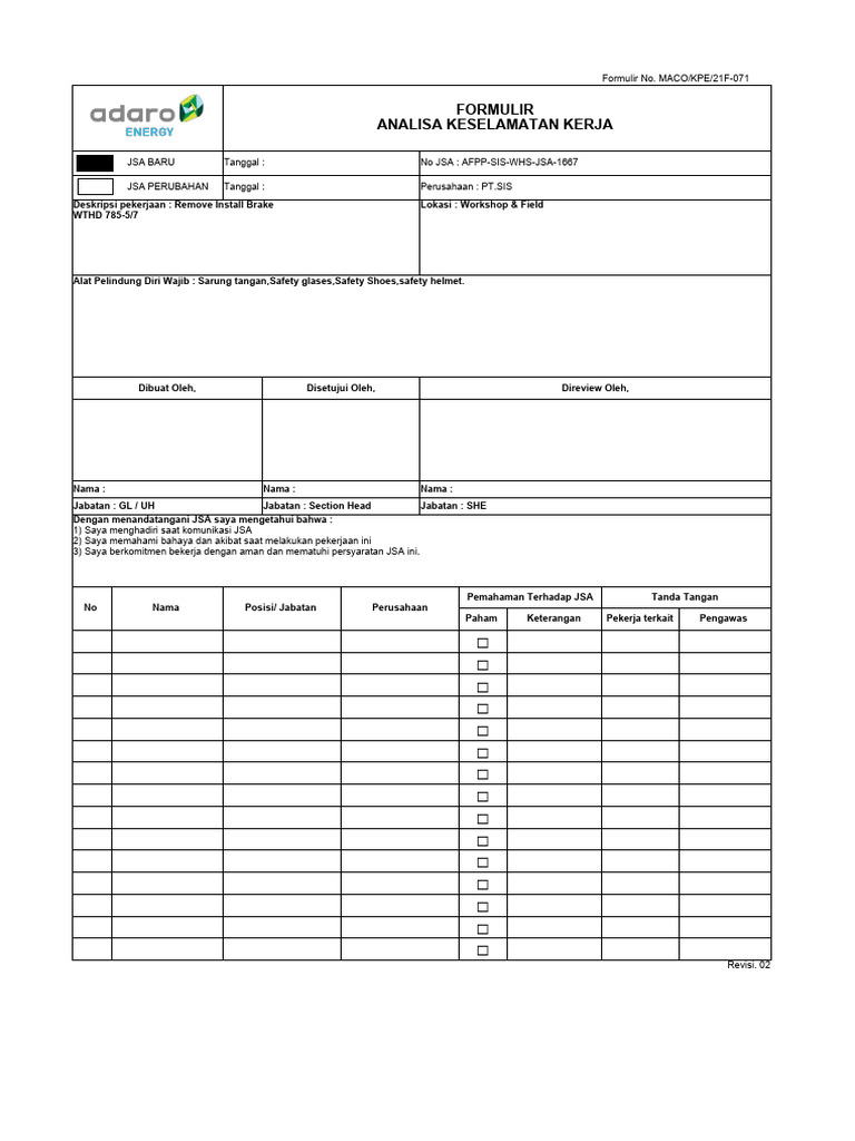 JSA - PLT - PSP AFPP-SIS-WHS-JSA-1667 R&I Brake WTHD | PDF