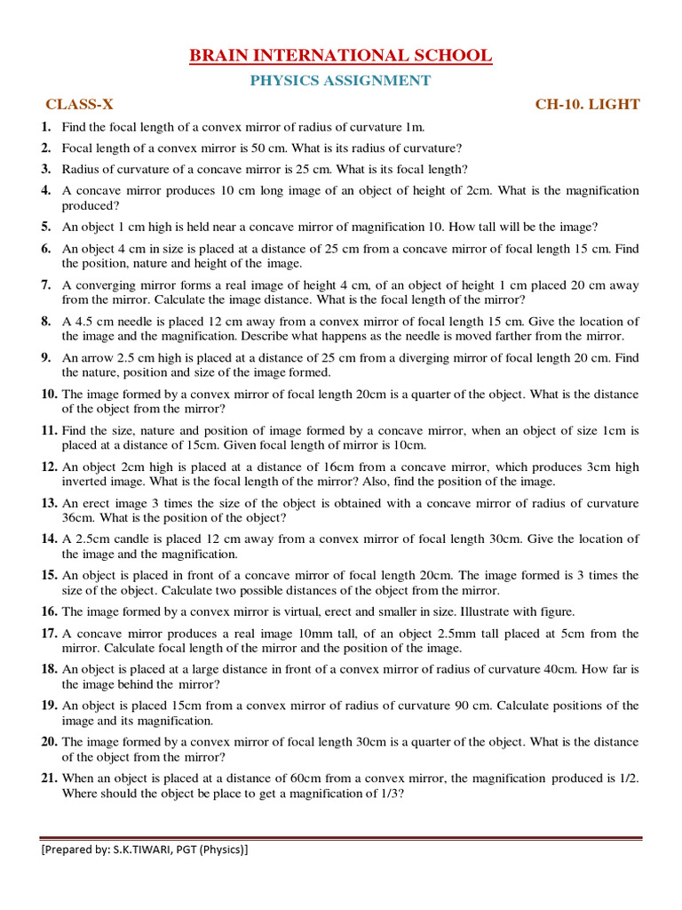 Class 10 Physics: Mirror Problems | PDF | Mirror | Electromagnetic ...