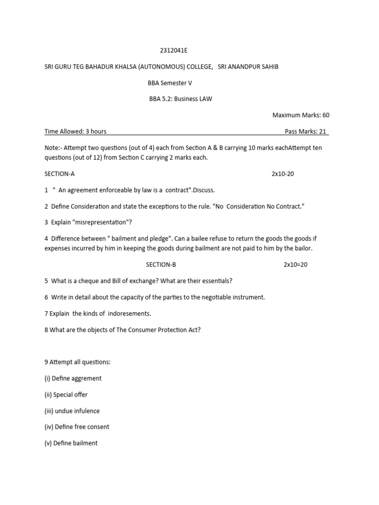 BBA Business Law Exam Guidelines | PDF | Finance & Money Management