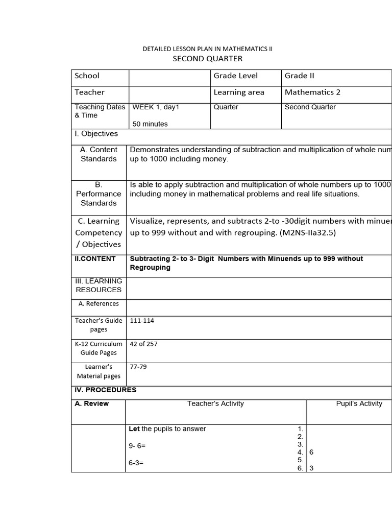 Grade 2 Subtraction Lesson Plan | PDF | Subtraction | Behavior Modification