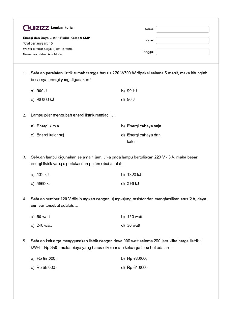 Soal Energi dan Daya Listrik Kelas 9 | PDF | Sains & Matematika
