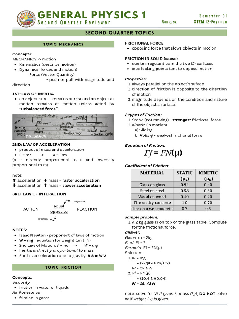 Q2 Genphysics1 Reviewer | PDF | Force | Friction