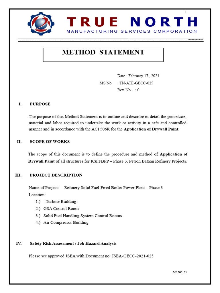 Drywall Paint Application Method Statement | PDF | Concrete | Safety